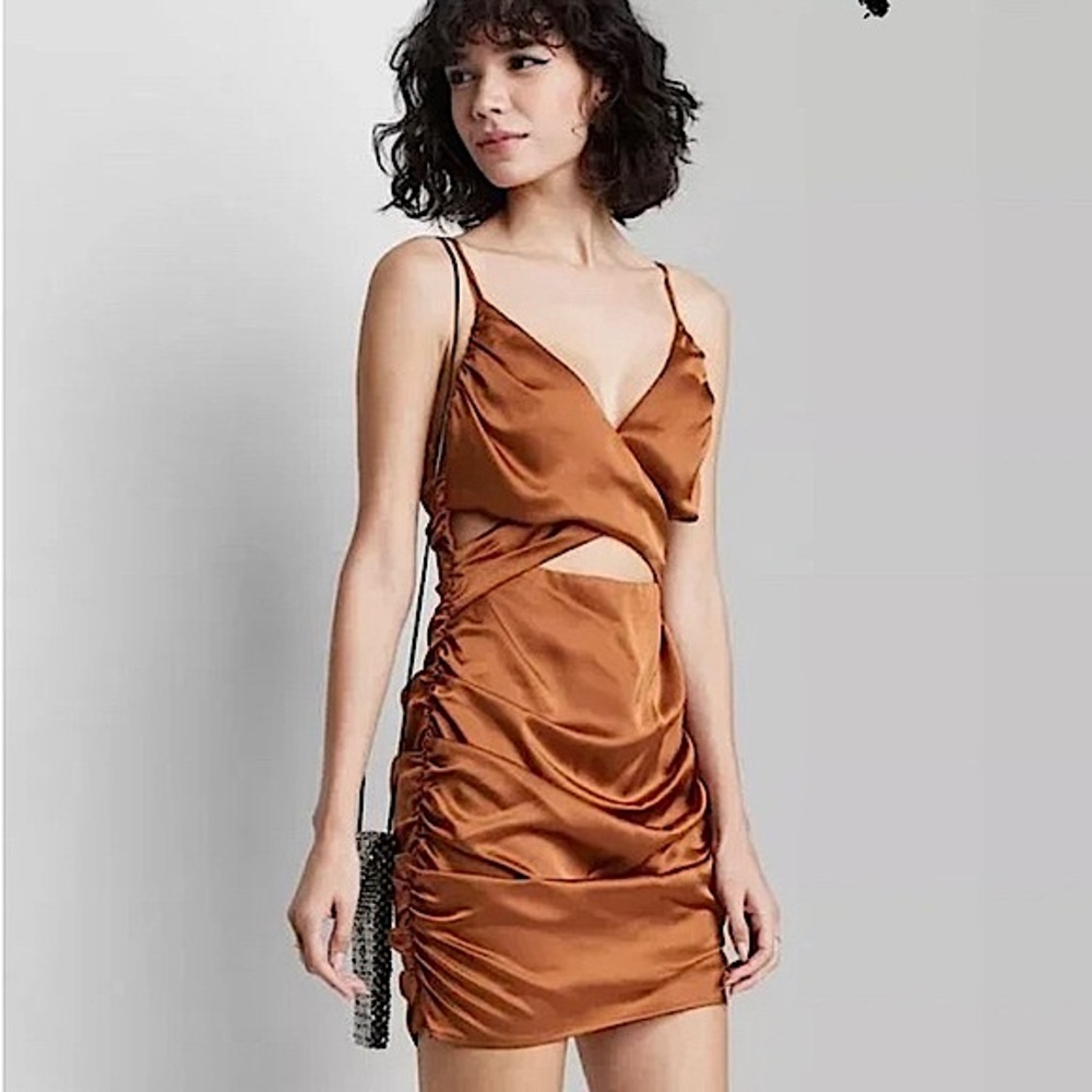 wild fable Satin Cutout Mini Dress in Copper Brown